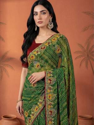 Green embroidered bandhani printed & gota lace sarees with unstitched blouse piece 4