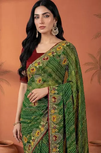 Green embroidered bandhani printed & gota lace sarees with unstitched blouse piece