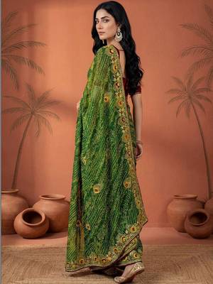 Green embroidered bandhani printed & gota lace sarees with unstitched blouse piece 5