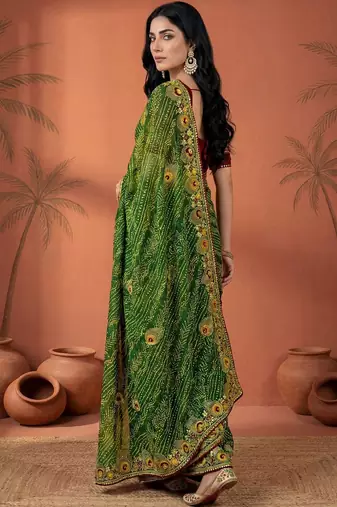 Green embroidered bandhani printed & gota lace sarees with unstitched blouse piece