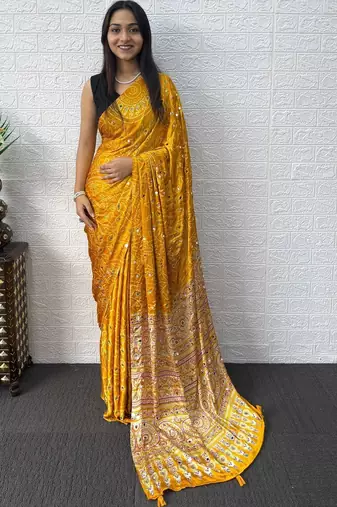 Yellow bandhani mirror work bandhani saree