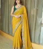 Yellow ethnic motifs embroidered  chiffon heavy work saree