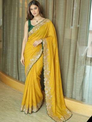 Yellow ethnic motifs embroidered  chiffon heavy work saree 2
