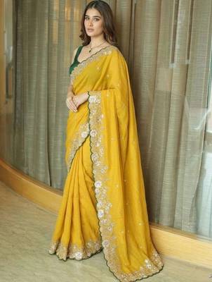 Yellow ethnic motifs embroidered  chiffon heavy work saree 3