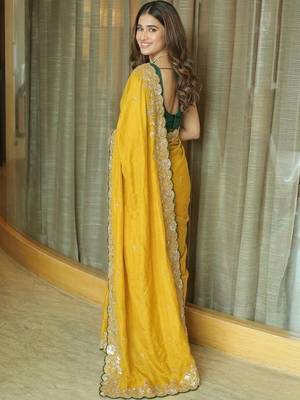 Yellow ethnic motifs embroidered  chiffon heavy work saree 5