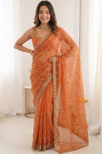 Orange embroidered sarees blouse piece