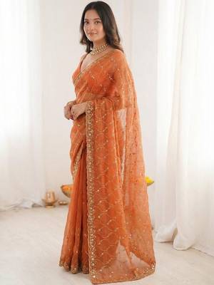 Orange embroidered sarees blouse piece 2