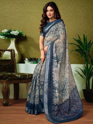 Beige dabu printed  linen ready to wear saree with unstitched blouse 1