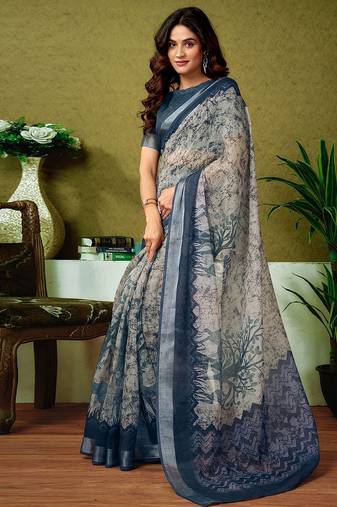Beige dabu printed  linen ready to wear saree with unstitched blouse