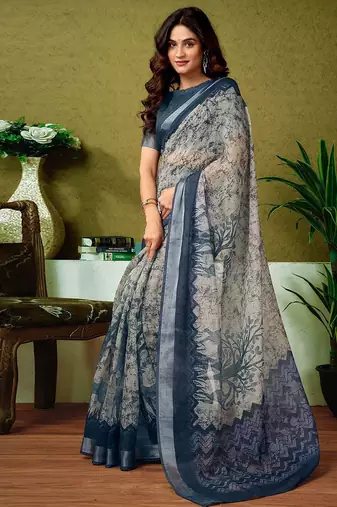 Beige dabu printed  linen ready to wear saree with unstitched blouse