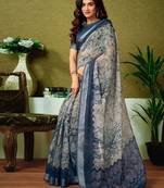 Beige dabu printed  linen ready to wear saree with unstitched blouse