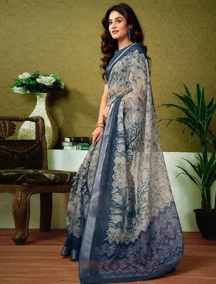 Beige dabu printed  linen ready to wear saree with unstitched blouse 2