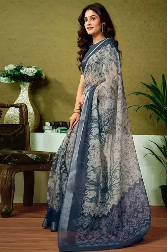 Beige dabu printed  linen ready to wear saree with unstitched blouse
