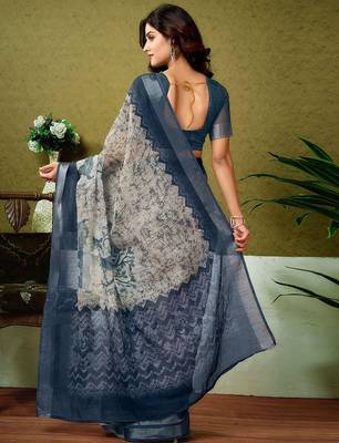Beige dabu printed  linen ready to wear saree with unstitched blouse 3