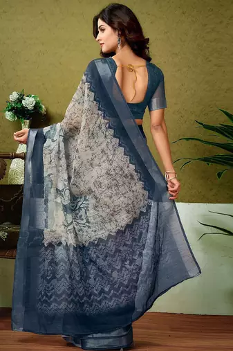 Beige dabu printed  linen ready to wear saree with unstitched blouse