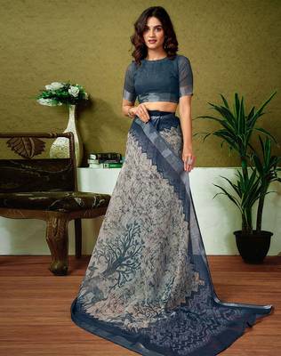 Beige dabu printed  linen ready to wear saree with unstitched blouse 4
