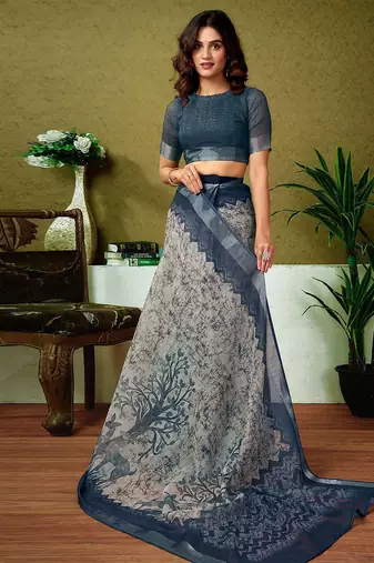 Beige dabu printed  linen ready to wear saree with unstitched blouse