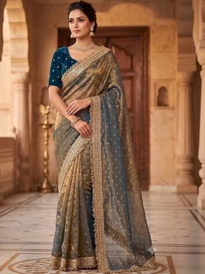 Gold embroidered silk blend saree 1