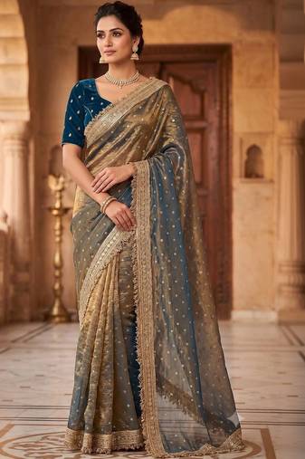 Gold embroidered silk blend saree