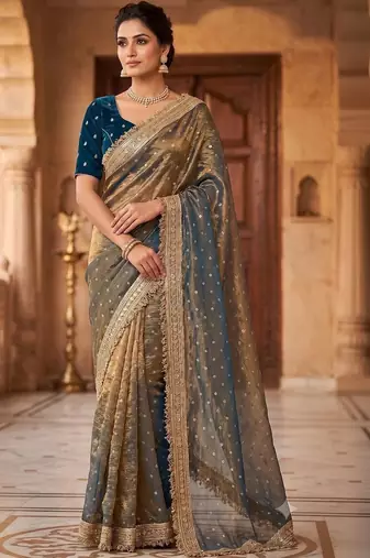 Gold embroidered silk blend saree