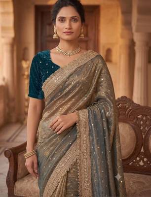 Gold embroidered silk blend saree 2