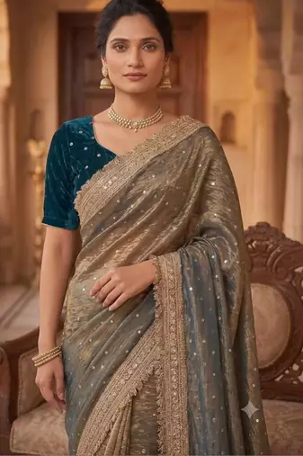 Gold embroidered silk blend saree