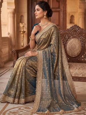 Gold embroidered silk blend saree 3