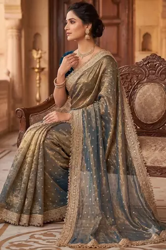 Gold embroidered silk blend saree