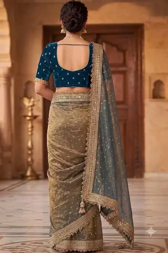 Gold embroidered silk blend saree
