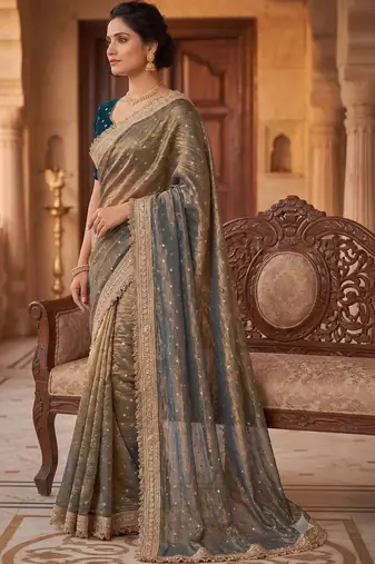 Gold embroidered silk blend saree