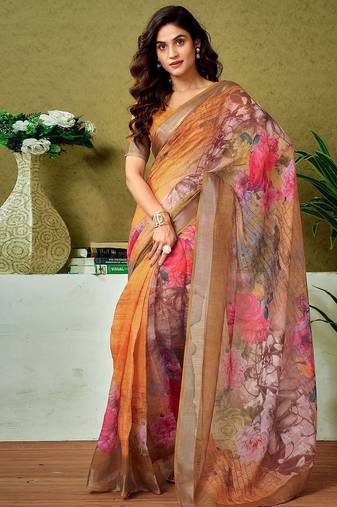 Orange floral printed  linen ready to wear saree with unstitched blouse