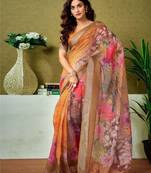 Orange floral printed  linen ready to wear saree with unstitched blouse