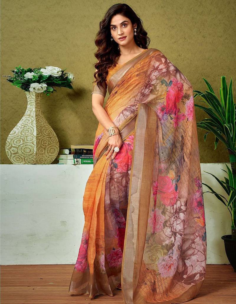 Orange floral printed  linen ready to wear saree with unstitched blouse