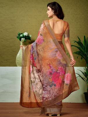 Orange floral printed  linen ready to wear saree with unstitched blouse 2