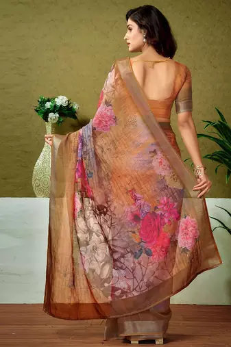 Orange floral printed  linen ready to wear saree with unstitched blouse
