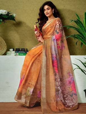 Orange floral printed  linen ready to wear saree with unstitched blouse 3