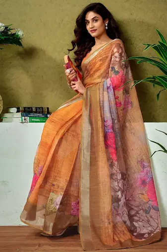 Orange floral printed  linen ready to wear saree with unstitched blouse