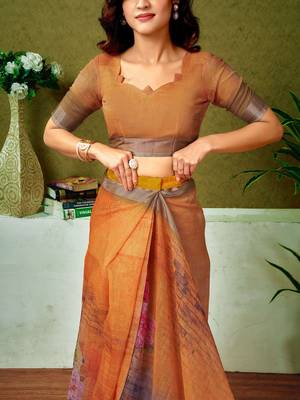 Orange floral printed  linen ready to wear saree with unstitched blouse 5