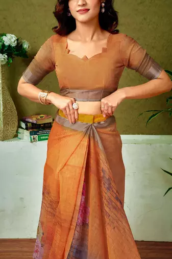 Orange floral printed  linen ready to wear saree with unstitched blouse