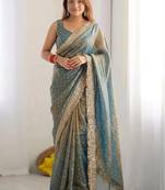 Teal embellished silk blend saree