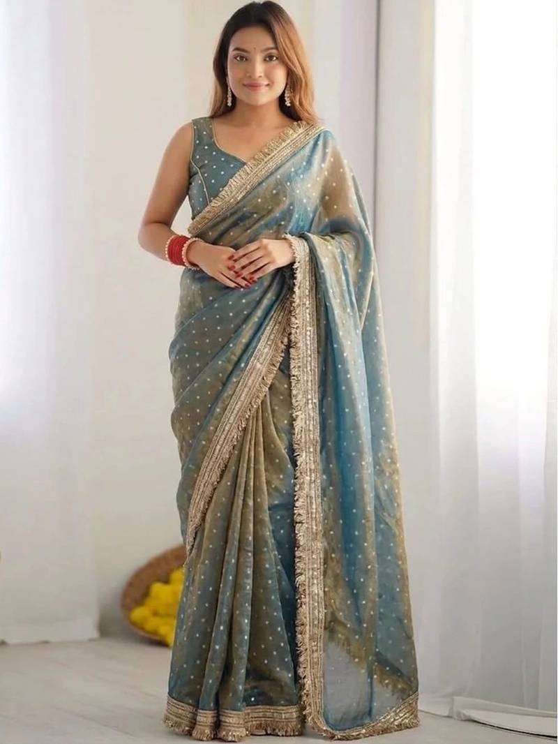 Teal embellished silk blend saree