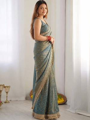 Teal embellished silk blend saree 2