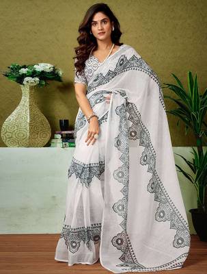 White dabu printed  linen ready to wear saree with unstitched blouse 1
