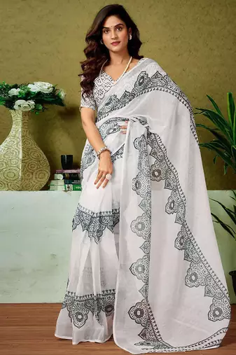 White dabu printed  linen ready to wear saree with unstitched blouse