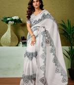 White dabu printed  linen ready to wear saree with unstitched blouse