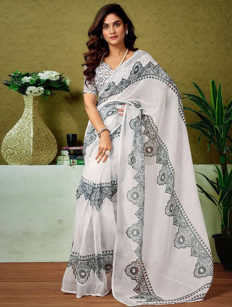 White dabu printed  linen ready to wear saree with unstitched blouse