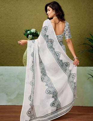White dabu printed  linen ready to wear saree with unstitched blouse 2