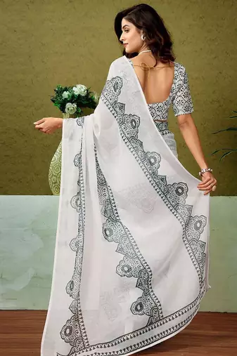 White dabu printed  linen ready to wear saree with unstitched blouse