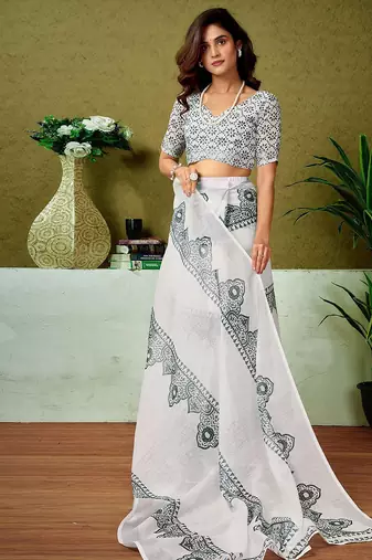 White dabu printed  linen ready to wear saree with unstitched blouse