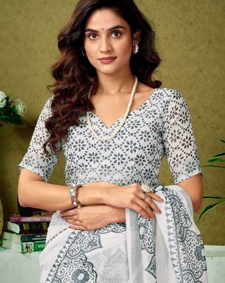 White dabu printed  linen ready to wear saree with unstitched blouse 4